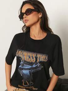 Hauture Women's Summer Short Sleeve Casual T-Shirt With Letter Print Round Neck - Black - View 3