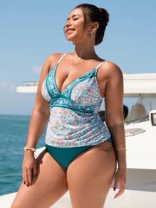 SHEIN Swim Curve 大码女式花卉印花海滩度假吊带背心分体泳衣夏季 - 彩色 - 查看 6