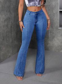 SHEIN ICON Women's Fashionable Washed Denim Flare Pants, Versatile - Medium Wash - View 3