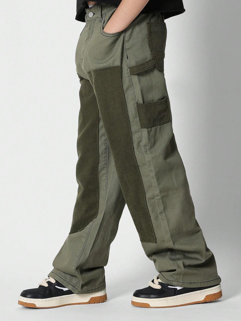 Wide Leg Corduroy Panel Cargo Pants Festival Street Style Baggy Combat Trousers Fashion Statement Bottoms