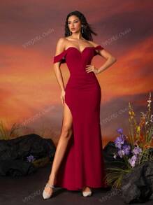 Burgundy Strapless Slit Elegant Bridesmaid Dress For Women