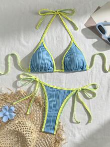SHEIN Swim Women's Summer Beach Color Block Halter Sexy Bikini Set Swimwear - Baby Blue - View 4