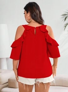 Vionelle Blusa con hombro descubierto y volantes para el verano, ropa de Año Nuevo tallas grandes - Rojo - Ver 2