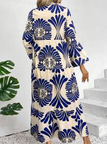 Breezaya Allover Print Notched Neckline Ruffle Hem Smock Dress - Royal Blue - View 2