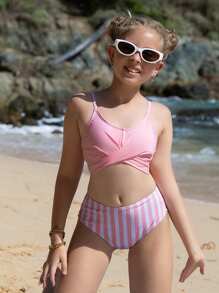 Bộ đồ bơi bikini sọc rỗng của Tween Girl Summer Beach - Hồng - Xem 6