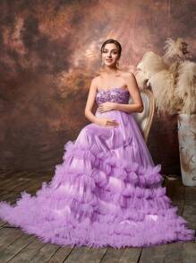 Faeriesty Dressalisa Maternity Floral Sequin Bodice Contrast Tulle Ruffle Trim Hem Photography Dress