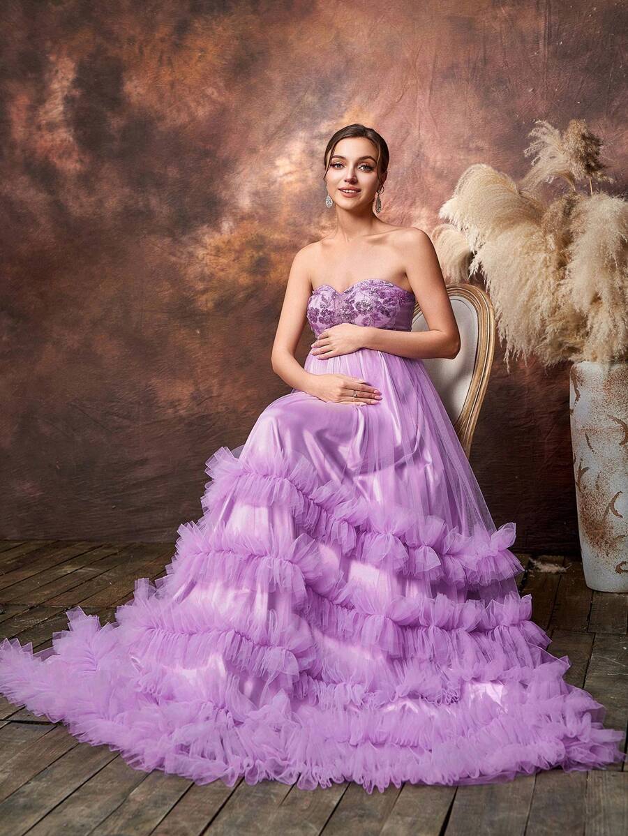 Faeriesty Dressalisa Maternity Floral Sequin Bodice Contrast Tulle Ruffle Trim Hem Photography Dress