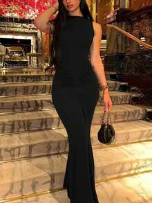 Đầm bodycon ôm sát không tay màu trơn dành cho nữ, màu đen, gợi cảm, thanh lịch, thích hợp cho mùa hè. - màu đen - Xem 3