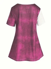 Plus Size Summer Butterfly Print Contrast Color T-Shirt & Leggings Casual 2 Pieces Set - Coral Pink - View 2