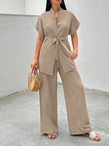 EURMUSE Pink Two  Pieces Cozy Sets - Beige - View 4