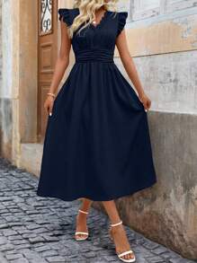 SHEIN Clasi Ruffle Trim Ruched Waist Midi Dress For Summer Maxi Women Outfit - Navy Blue - View 5
