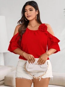 Vionelle Blusa con hombro descubierto y volantes para el verano, ropa de Año Nuevo tallas grandes - Rojo - Ver 5