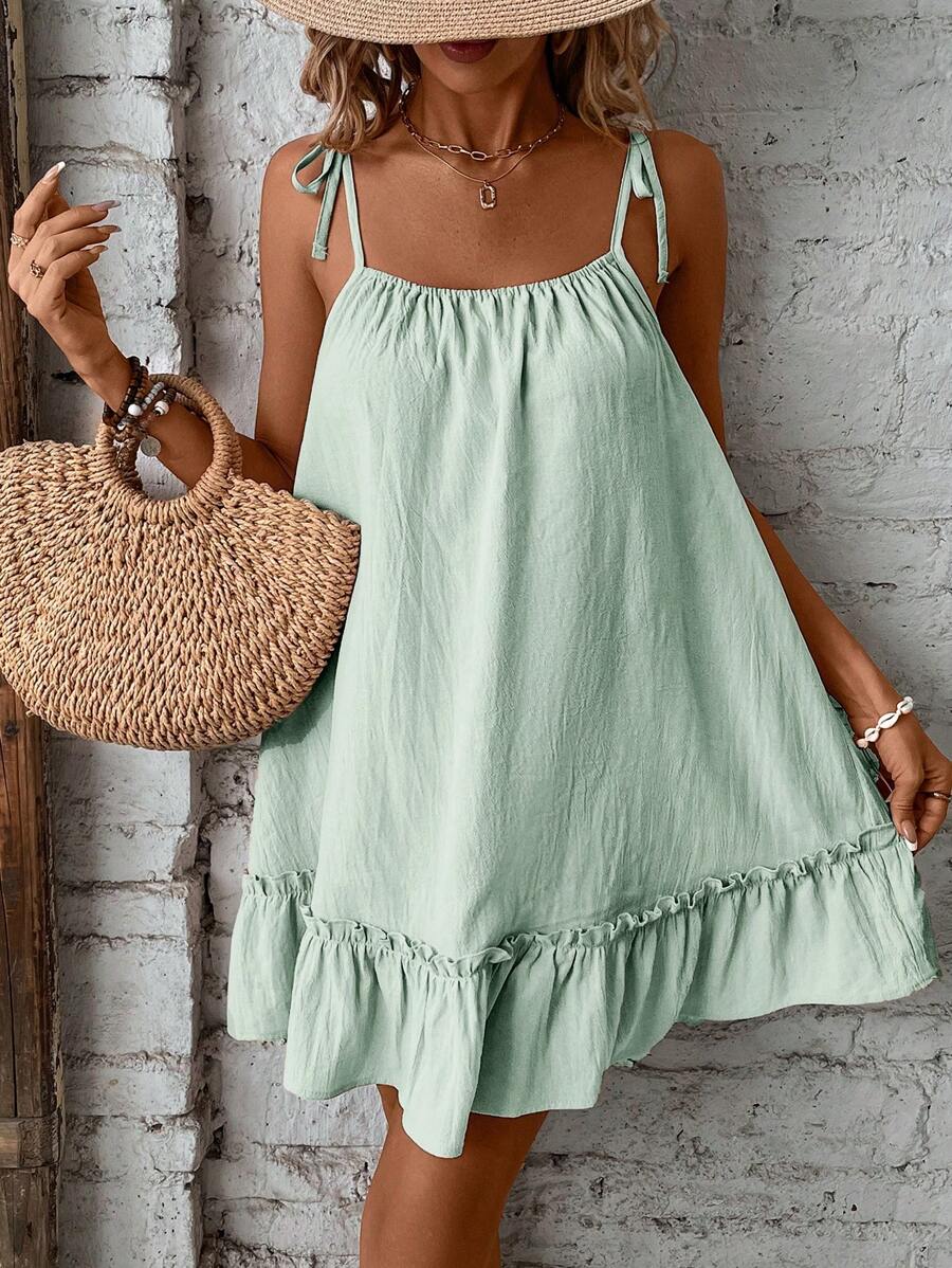 Breezaya Vestido de tirantes para mujer de longitud por encima de la rodilla y con terminación de color liso para vacaciones - Verde - Ver 1