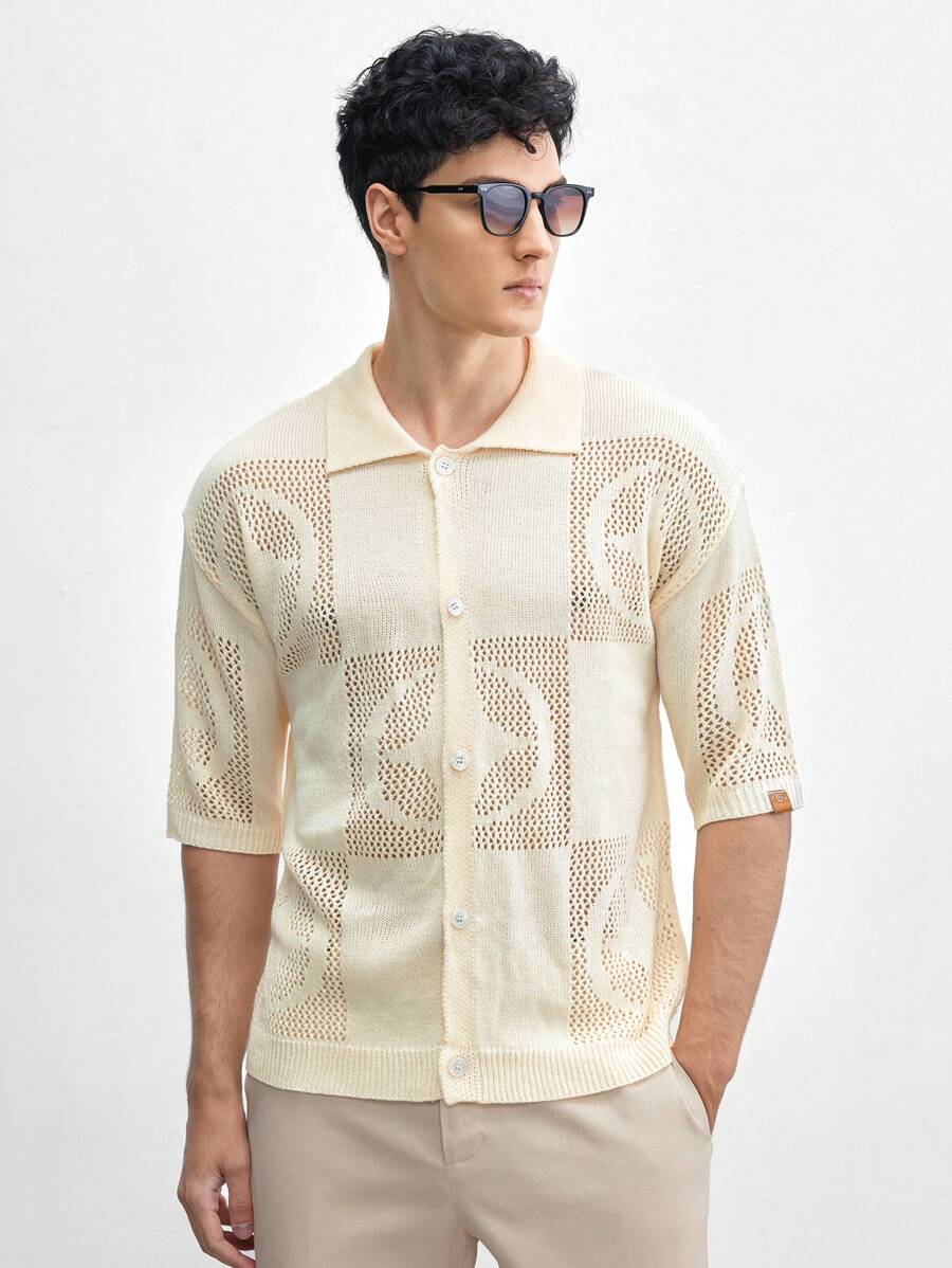 AKNOTIC Business Casual Men Casual Pointelle Knit Top For Summer