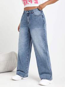 SHEIN ICON 高腰寬腿牛仔褲，適用於日常穿著 - 藍色 - 查看 4