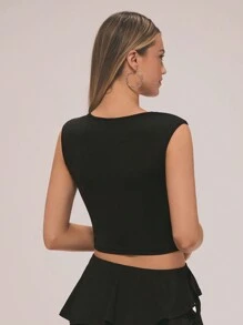 Forever 21 Áo thun ngắn tay co giãn mùa hè mới có đường viền cổ ngọt ngào, áo dự tiệc Slim Fit đơn giản - màu đen - Xem 2