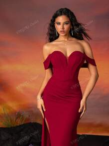 Burgundy Strapless Slit Elegant Bridesmaid Dress For Women