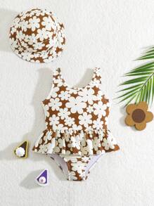 Baby Girl Flower Printed Ruffle One-Piece Swimsuit With Hat - Multicolor - View 1