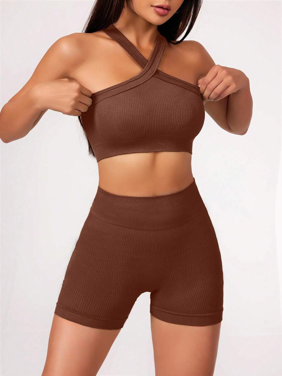 Easithlete Set di canotta e pantaloncini sportivi da donna, senza cuciture, con vita ampia, adatto per yoga ed esercizi fisici - Caffè Marrone - Visualizzare 1