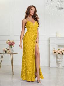 UNITHORSE Split Thigh Sequin Valentine's Day Cami Dress Elegant Formal Evening Prom Wedding Guest Gown, For Graduation, Dinner Party Dress, School Clothes - Yellow - View 6