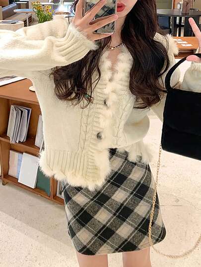 Cardigan de malha de retalhos fofos de cor sólida feminina, primavera outono