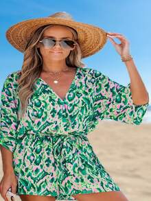 Plus Size V-Neck Floral Print Jumpsuit - Green - View 4