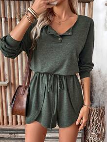 SHEIN LUNE Simple & Casual Pullover Knitted Long Sleeve Jumpsuit With Buttons - Army Green - View 4