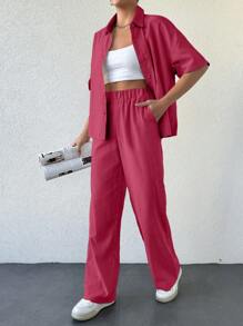 EURMUSE Ensemble de deux chemises tissées en jacquard rayé pour femmes - Rose bonbon - Voir 4
