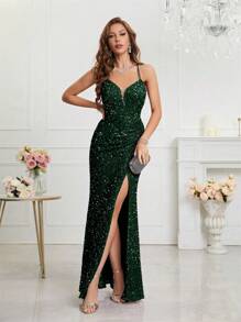 UNITHORSE Split Thigh Sequin Valentine's Day Cami Dress Elegant Formal Evening Prom Wedding Guest Gown, For Graduation, Dinner Party Dress, School Clothes - Dark Green - View 4