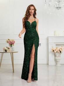 UNITHORSE Split Thigh Sequin Valentine's Day Cami Dress Elegant Formal Evening Prom Wedding Guest Gown, For Graduation, Dinner Party Dress, School Clothes - Dark Green - View 2