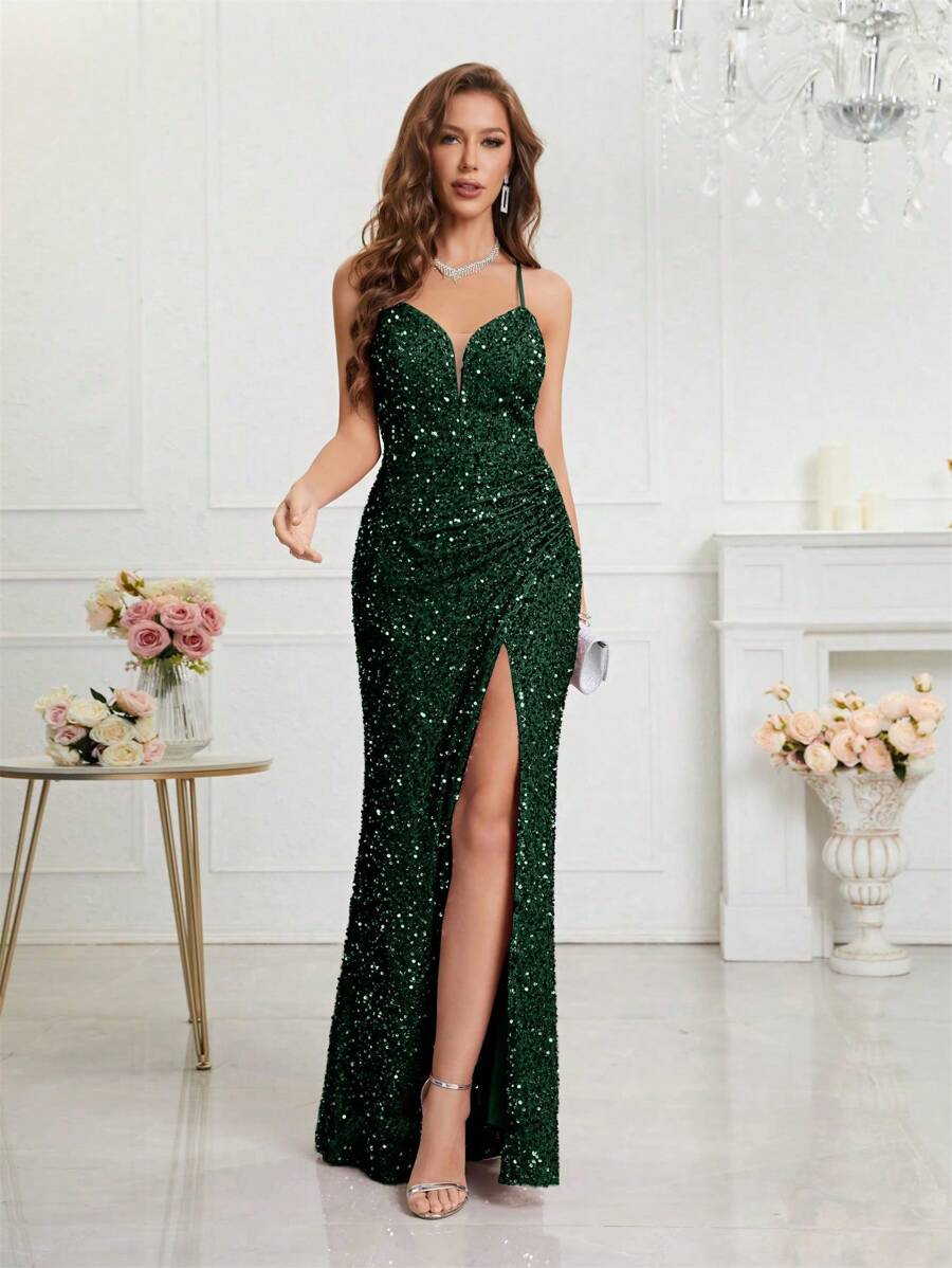 UNITHORSE Split Thigh Sequin Valentine's Day Cami Dress Elegant Formal Evening Prom Wedding Guest Gown, For Graduation, Dinner Party Dress, School Clothes