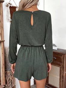 SHEIN LUNE Simple & Casual Pullover Knitted Long Sleeve Jumpsuit With Buttons - Army Green - View 2