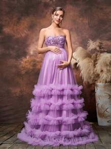 Faeriesty Dressalisa Maternity Floral Sequin Bodice Contrast Tulle Ruffle Trim Hem Photography Dress