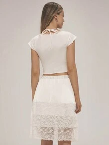 Forever 21 Mùa hè Mới Xuất Hiện Ren Ghép Dây Cổ Dệt Kim Áo Thun Nữ Tay Ngắn Hàng Đầu Với Satin & Ren Spliced Váy Bộ - trắng - Xem 2
