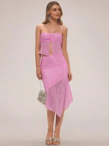 Forever 21 New Summer Split Hem Cami Top Asymmetrical Hem With Bodycon Skirt Party Set - Pink - View 4