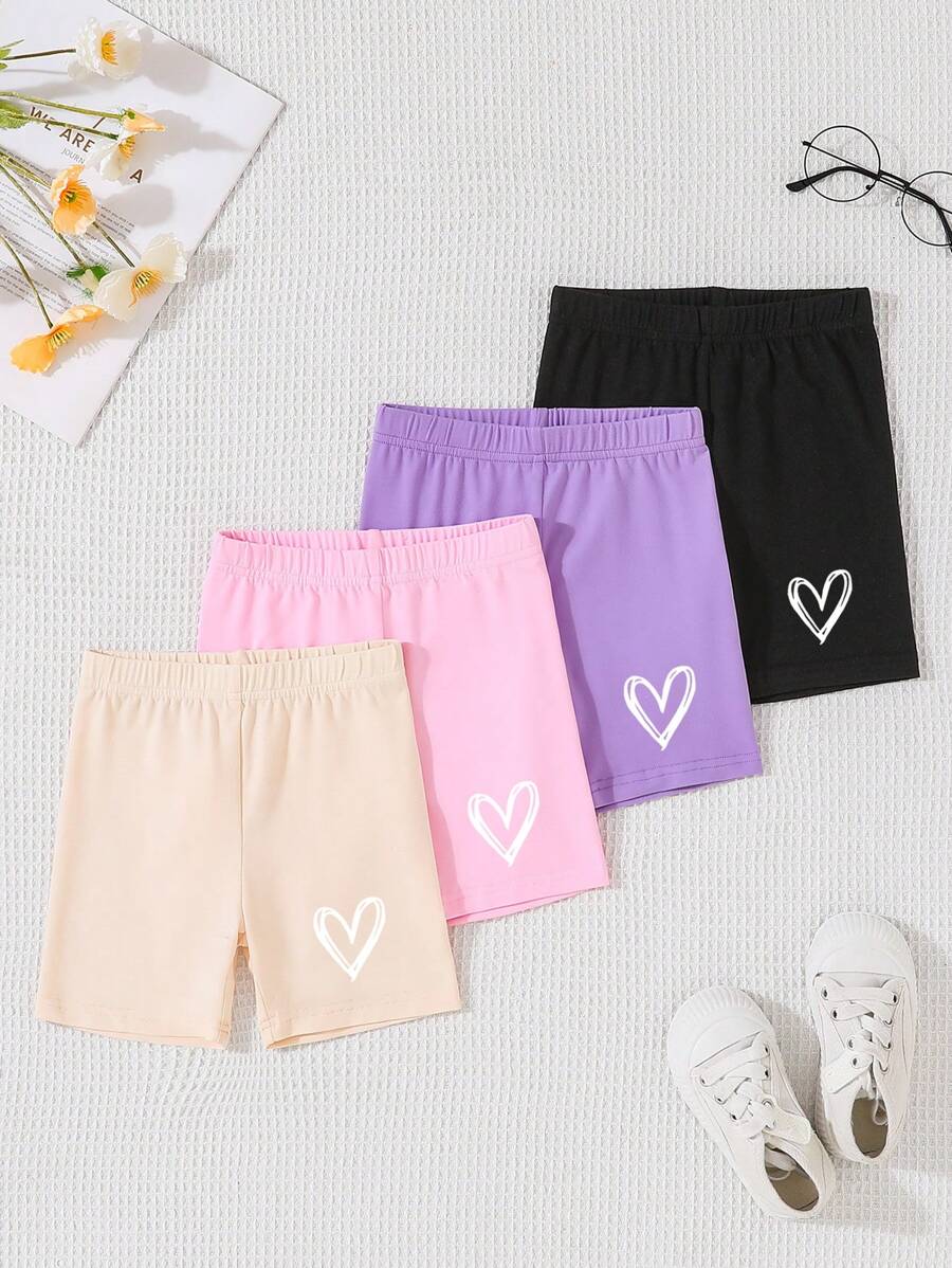 Niña joven Pantalones cortos básicos 4 piezas cómodos con estampado de corazón, para uso diario y uso en la calle, verano - Multicolor - Ver 1