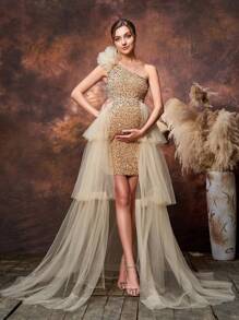 Maternity Asymmetrical Neck Mesh Overlay Sequin Party Elegant Dress