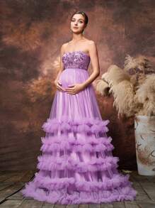 Faeriesty Dressalisa Maternity Floral Sequin Bodice Contrast Tulle Ruffle Trim Hem Photography Dress