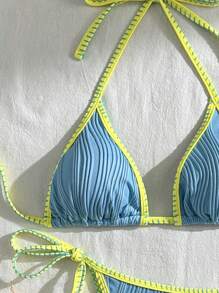 SHEIN Swim Women's Summer Beach Color Block Halter Sexy Bikini Set Swimwear - Baby Blue - View 6