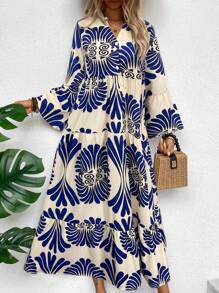 Breezaya Allover Print Notched Neckline Ruffle Hem Smock Dress - Royal Blue - View 5