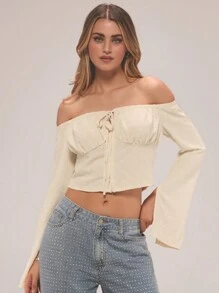 Forever 21 Thiết kế mùa hè mới Họa tiết vải Cà vạt Áo sơ mi dài tay phía trước - Màu be - Xem 7