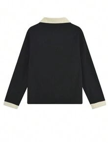 春秋季撞色领落肩运动衫，长袖上衣 - 黑色 - 查看 2