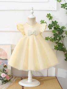 Vestido para bebé niña de manga corta con cuello redondo, confeccionado en satén tejido de primavera/verano y con lazo y adornos de cuentas para bodas, fiestas y cumpleaños - Blanco - Ver 1