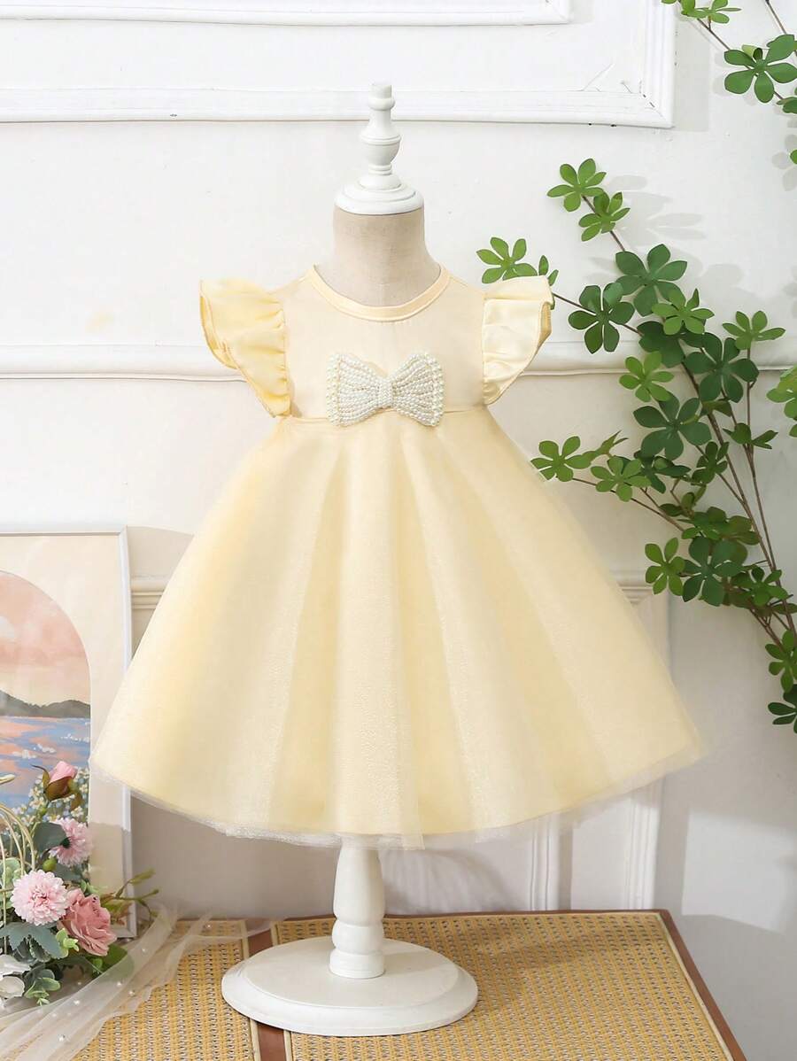 Vestido para bebé niña de manga corta con cuello redondo, confeccionado en satén tejido de primavera/verano y con lazo y adornos de cuentas para bodas, fiestas y cumpleaños - Blanco - Ver 1