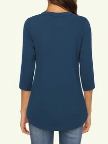 女士 3/4 袖 V 领衬衫、商务休闲正式办公衬衫、优雅女士上衣 - 藍色 - 查看 2