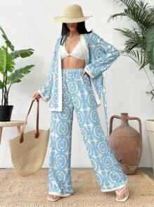 RueChic Retro Totem Printed Kimono Style Tie Front Shirt And Wide Leg Pants Set - Baby Blue - View 3