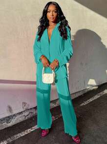 2pcs Women's Fashionable Pleated Shirt And Comfortable Wide-Leg Pants Set, Casual, Ladies Spring/Fall Casual Pocket, Zipper Long Sleeve Loose Blouse Pants Women Two-Piece Outfits, Casual Daily Wear - Màu xanh bụi bặm - Xem 4