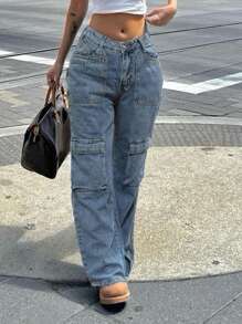 Jeans casuales de pierna ancha con bolsillos cargo de ajuste holgado para mujer - Azul lavado oscuro - Ver 3