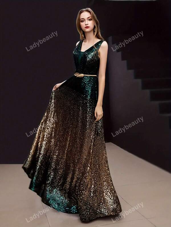 Elegant Party Dress Slim Prom Maxi A-Line Sequins Sexy Multicolor V-Neck Evening Formal Gown Wedding Guest Dress, For Graduation, Dinner
