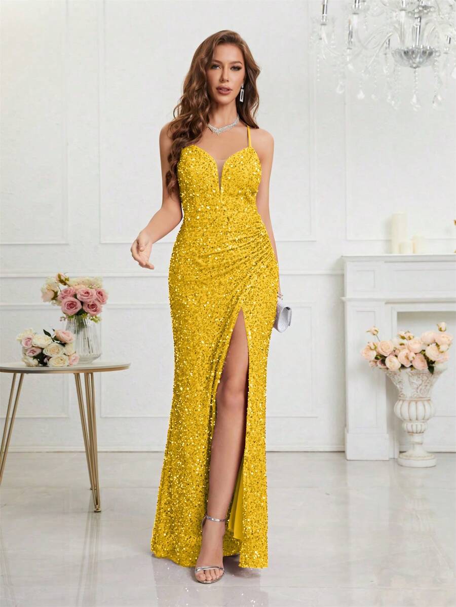UNITHORSE Split Thigh Sequin Valentine's Day Cami Dress Elegant Formal Evening Prom Wedding Guest Gown, For Graduation, Dinner Party Dress, School Clothes